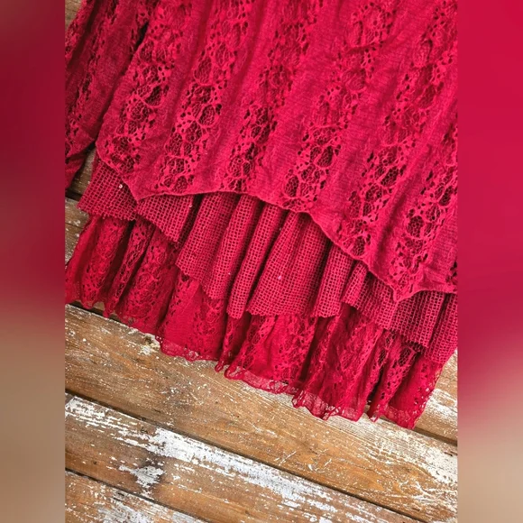 Indigo Soul Burgundy Wine Lace Sequin Flowy Tiered Layered Ruffle Longsleeve Top - Picture 5 of 14